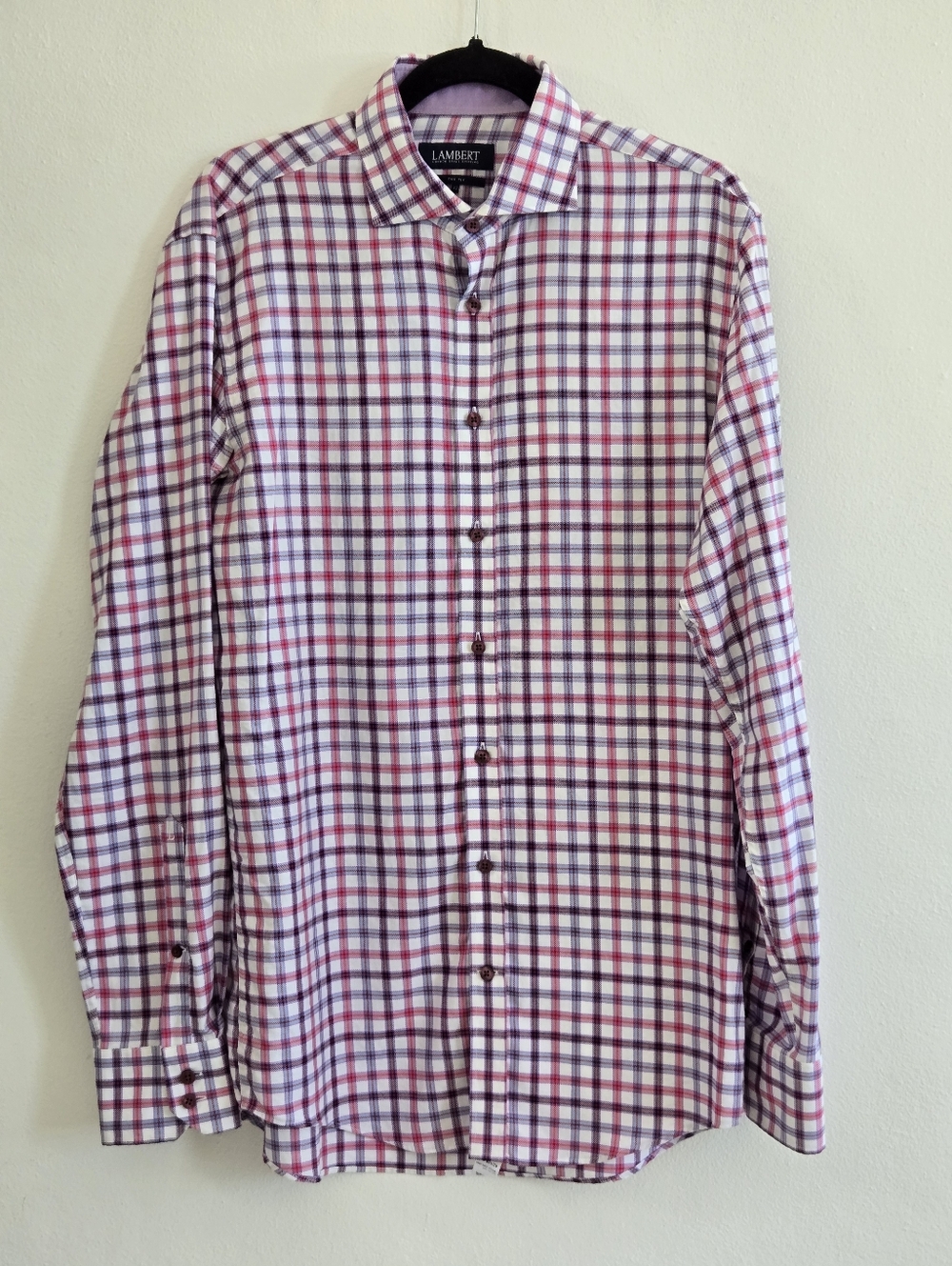 Lambert London Two Ply Plaid Men's Pink and Blue Dress Shirt Size 42